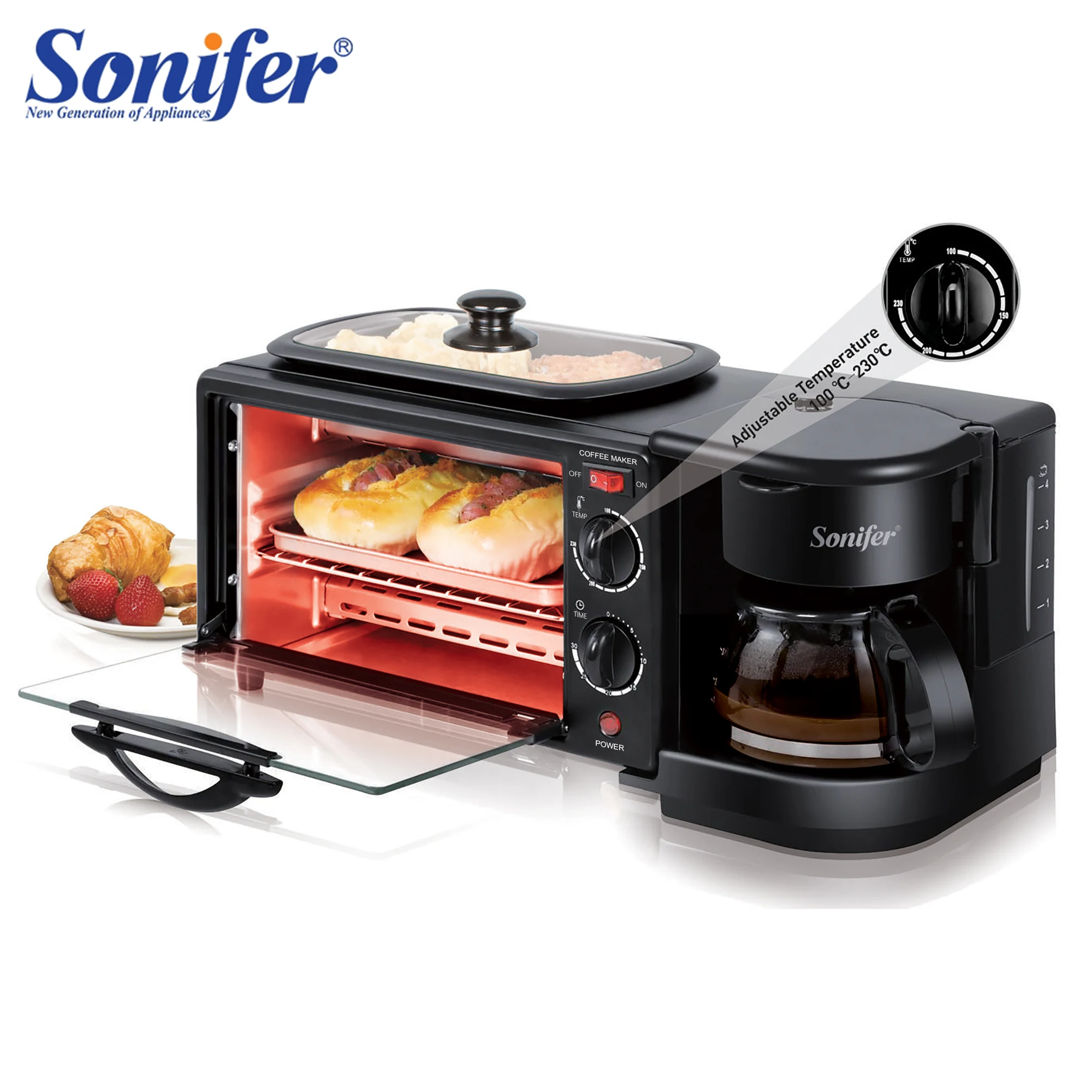 US $304.18 Electric 3 In 1 Breakfast Making Machine Multifunction Drip Coffee Maker Household Bread Pizza Frying Pan Toaster 220V Sonifer