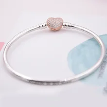 925 пробы серебряный браслет из розового золота с застежкой в виде сердца браслет с кристаллами подходит для женщин Шарм из бисера Diy ювелирные изделия