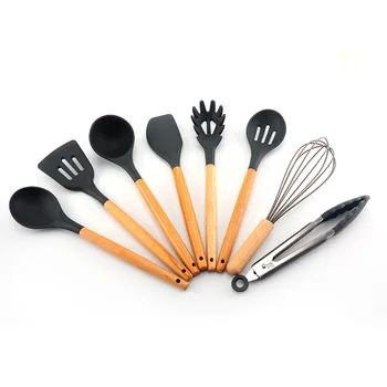

New wooden handle silicone kitchenware set Non-stick kitchen shovel spoon set of 8 Kitchen tool set