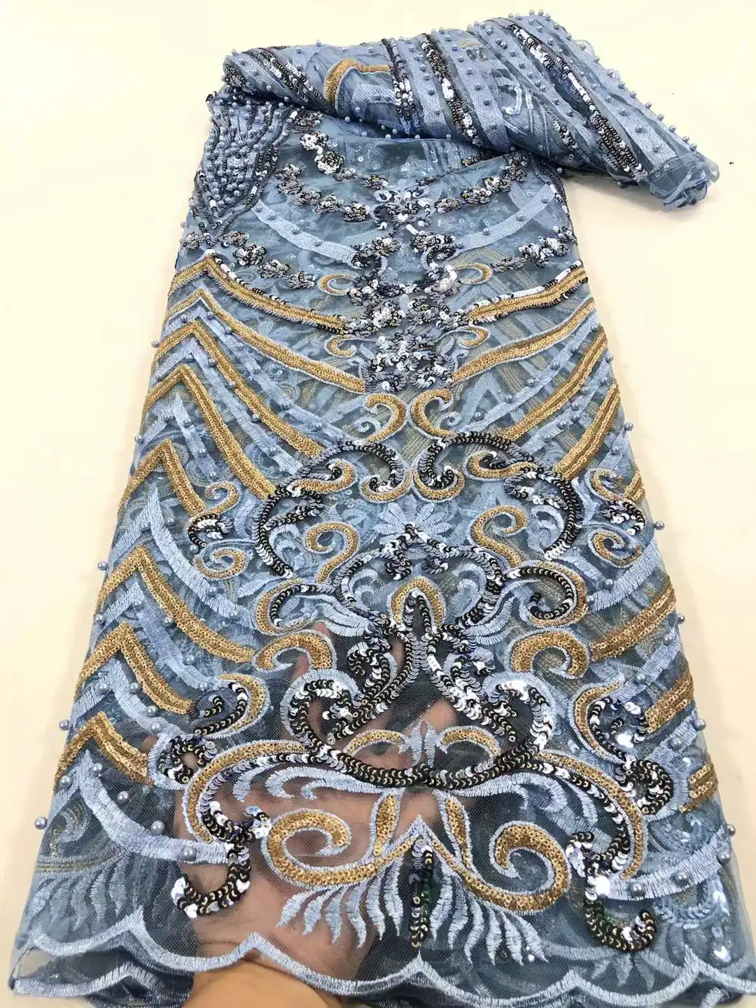 

Beautiful dress design African Nigeria fabric lace With beads Embroidery French mesh lace for Party/ Wedding dress evening dress