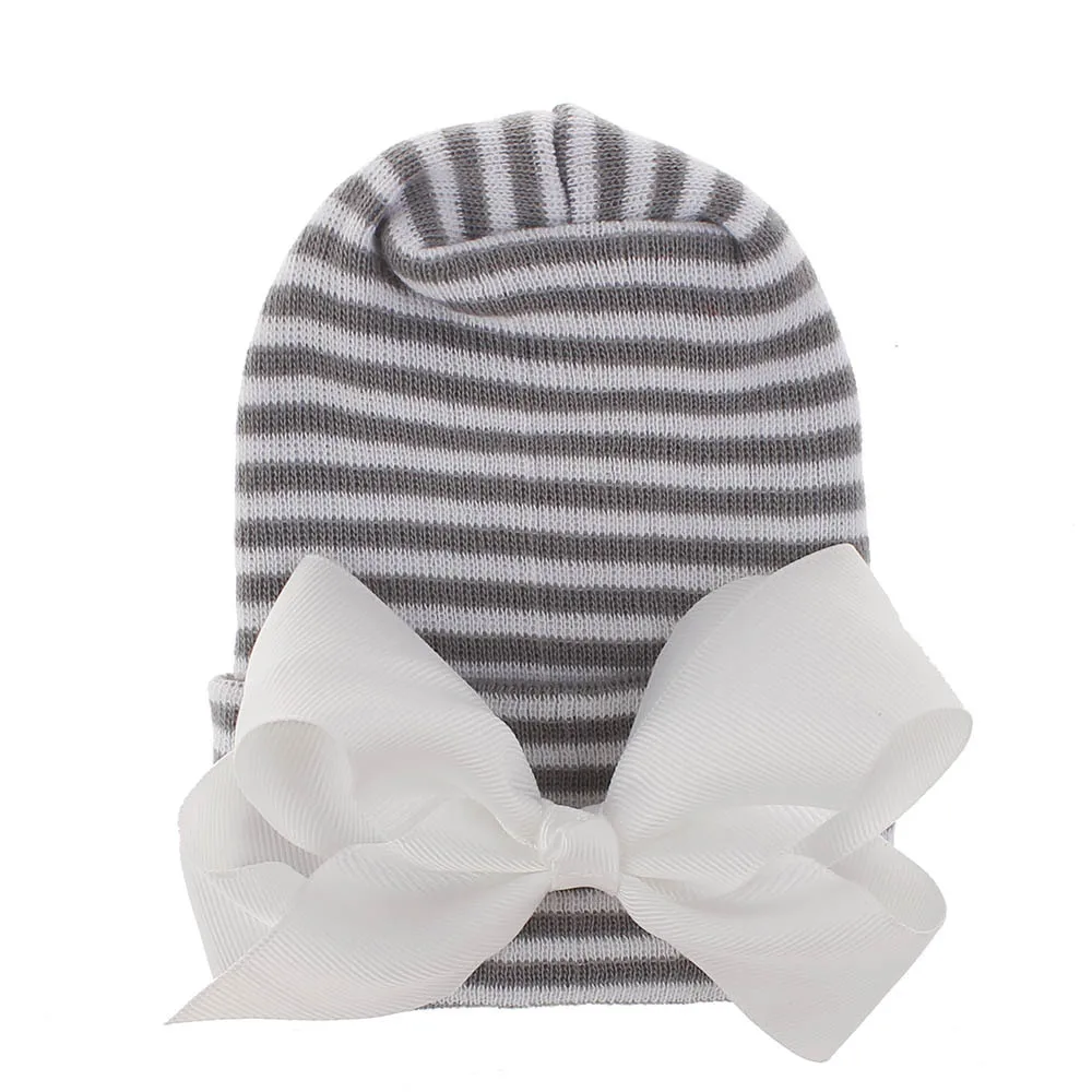 Зимняя шапочка для больницы с большим бантом для девочек, двойная теплая детская шапочка, полосатая эластичная шапка для девочек, шапка для новорожденных, 14 цветов - Цвет: white grey