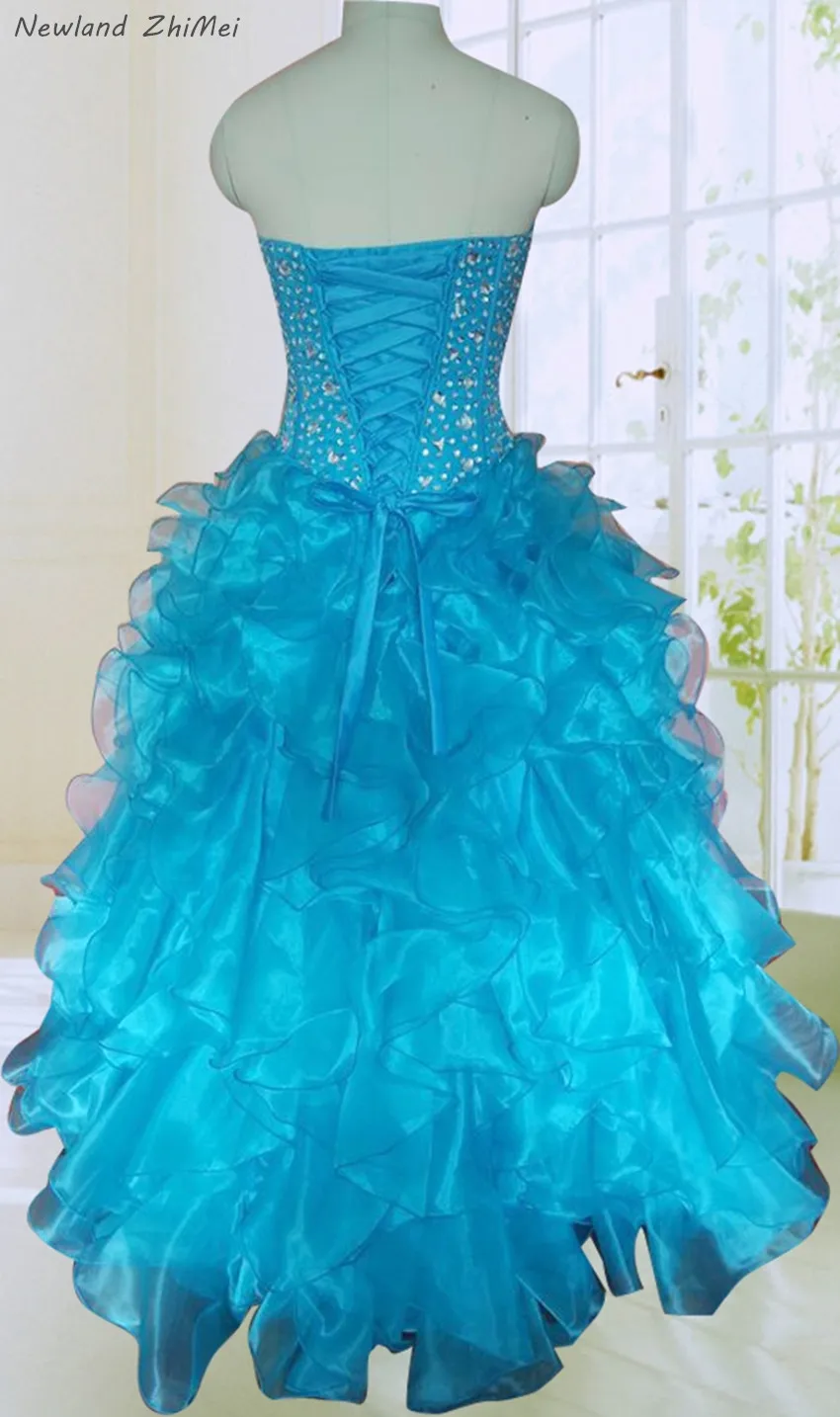 Классический Quinceanera платье 2018 Потрясающие Милая Кружево на спине Бусины оборками из органзы бальное платье для девочек Платья для