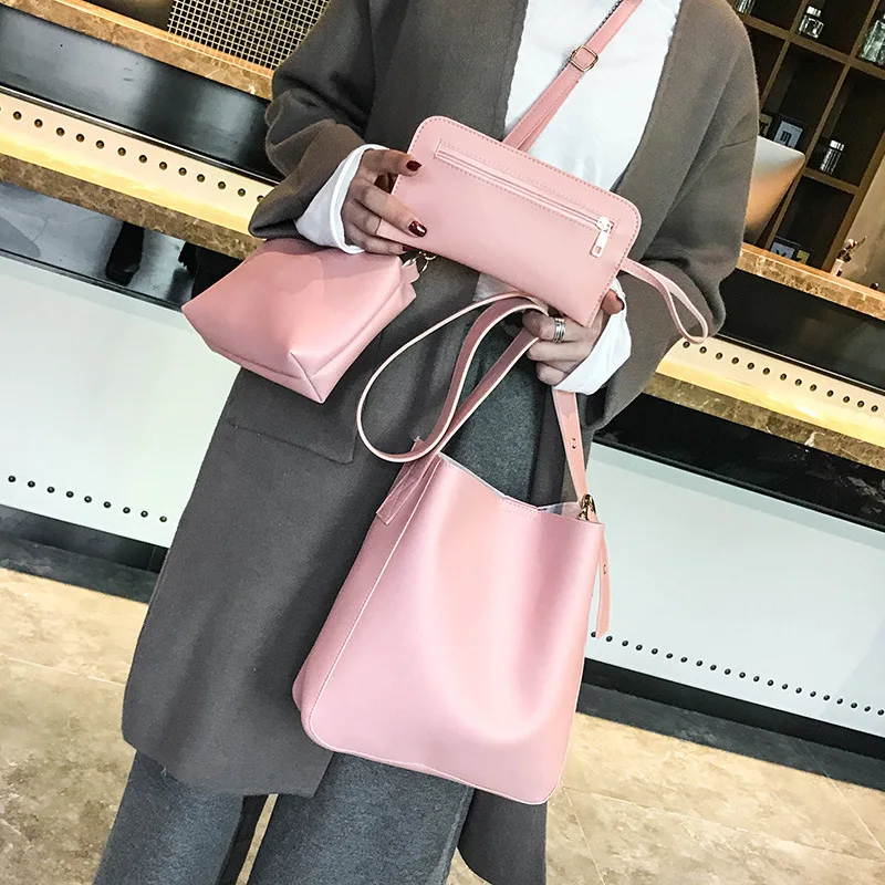 

2018 New Style Fashion Simple Game Gold Pattern Bucket Different Size Bags Three-piece Set Korean-style Versatile Trend Crossbod