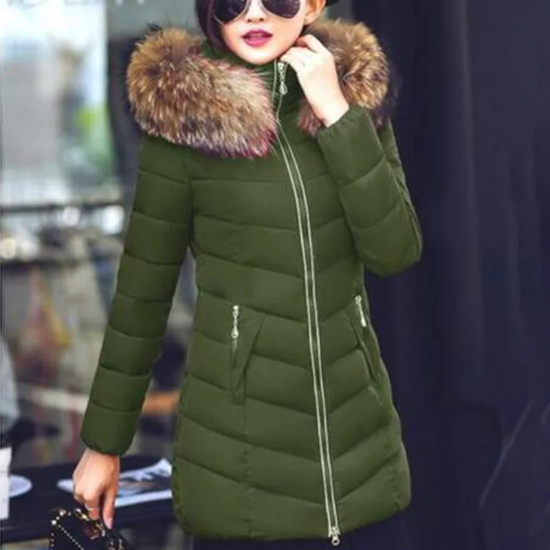 Army green Брендовая зимняя куртка, Женское пальто с меховым воротником, Зимняя парка для женщин, с капюшоном, размера плюс, пуховик, Женская Толстая теплая верхняя одежда, пальто - Цвет: Army green