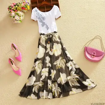 

New Bohemian long skirt national wind beach skirt printed chiffon skirt mid-length large size skirt fairy skirt