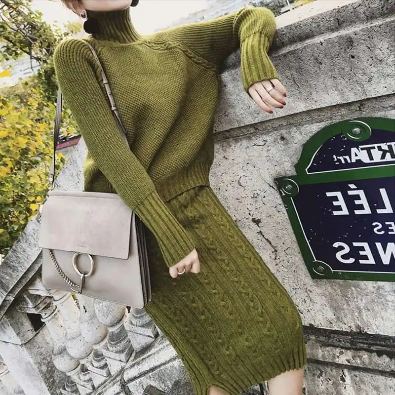 Twisted Knitted 2 Piece Sets Outfits Women Long Sleeve Turtleneck Pullover Sweater+ Split Pencil Skirt Suits Ladies Fashion Set