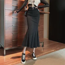 

Mermaid Pleated Skinny Split Slim Fit Wrap Plus Size Sexy Skirt Women High Waist Pencil Bodycon Vintage Denim Long Skirts Female