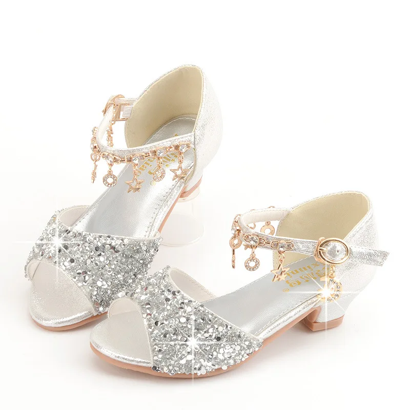 Girls Sandals Children Crystal Shoes 2022 Summer Kids Glitter Shoes High Heels Sequined Rhinestone Pendants Open Toes Princess slippers for boy Children's Shoes