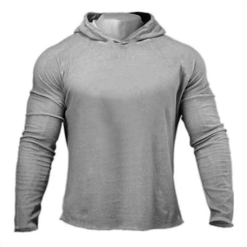 Одежда для фитнеса или бодибилдинга, Мужская футболка для бега с капюшоном, мужская хлопковая спортивная футболка с длинным рукавом, футболки для тренировок в тренажерном зале - Цвет: gray