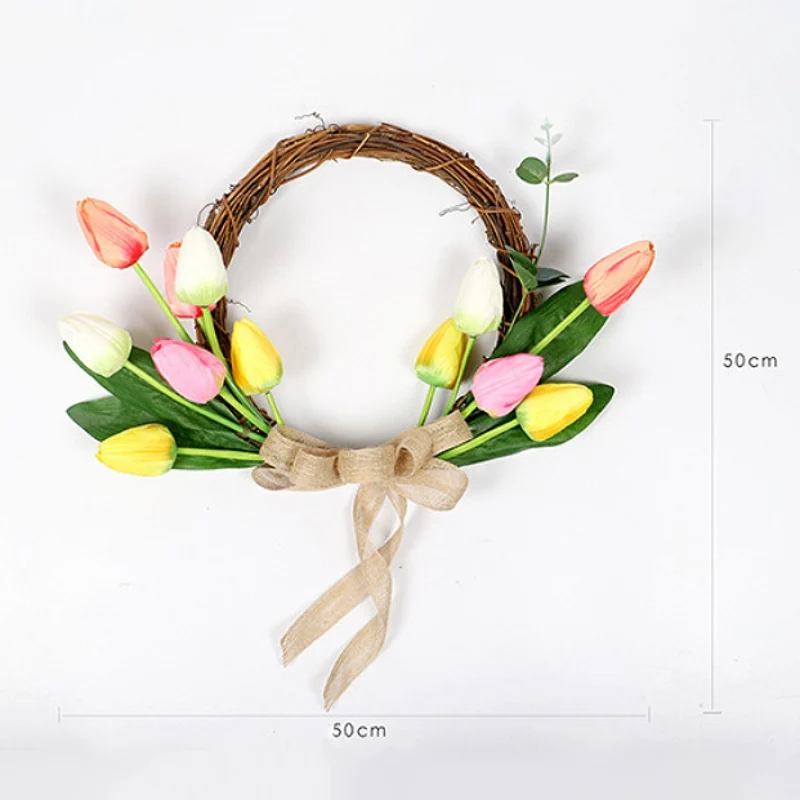 

20-Inch Colorful Silk Tulips With Green Leaves Artificial Tulips Garland Front Door Hanging Wreath Wedding Party Holiday Decor