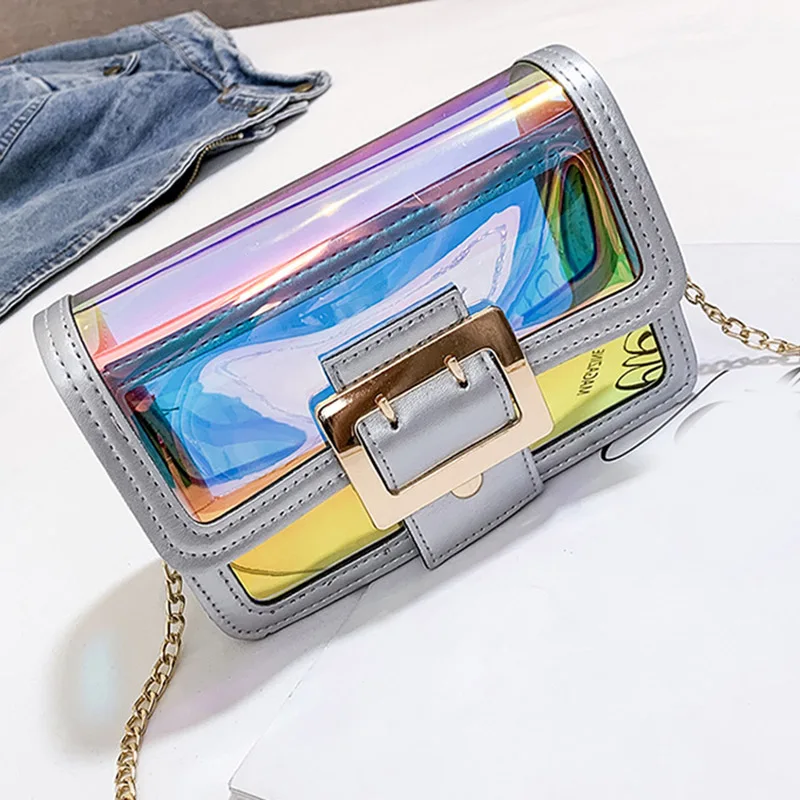 

Women Clear Transparent Shoulder Bag Mini Tote Lasering Holographic Handbag Best Sale-WT
