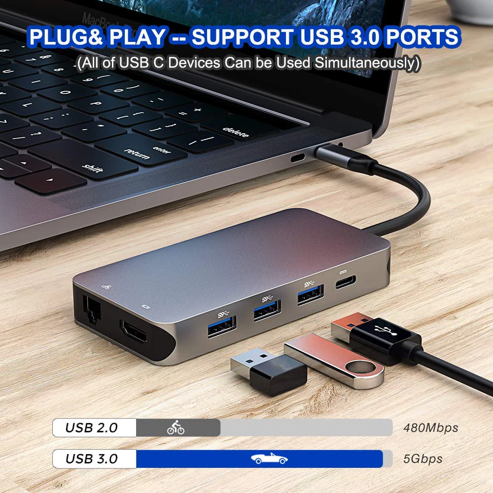 USB C концентратор, 9 в 1 USB C к HDMI и RJ45 Gigabit Ethernet концентратор с 4 USB3.0 портами, SD/TF кард-ридер и USB C зарядный порт, Тип C