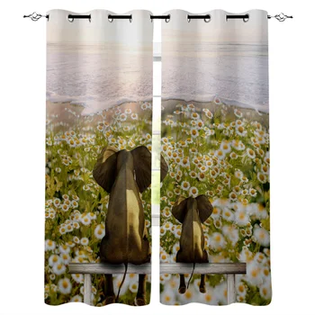 

Elephant Watching Daisy Flower Field Curtains for Living Room Children Bedroom Decoration Home Kitchen Products Windows Drapes