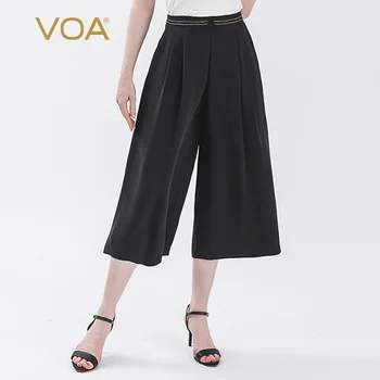 

VOA 30MM Heavy Silk Elastic Yellow Arch Needle Education Grams Pleats xie cha Pocket Loose Seven Wide Leg Pants K10