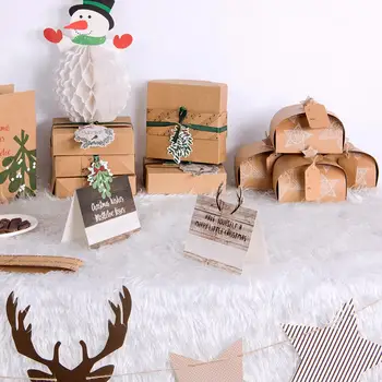 

8pc Delicate Brown Craft Paper Christmas Gift Box with Mistletoe Leaves and Singing Bird Tags Candy Presents Favor Box