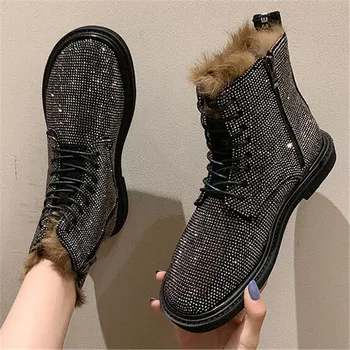 

Winter Female Australian Style Ankle Boot Silver Snow Boots Rhinestones Crystal Shiny Flash Bling Women Girl Fur Martin Boots