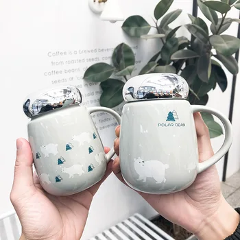 

Nordic-style Polar bear Mirror lid Mugs Cute Office Coffee Cups Tea Milk Ceramics Mug Couple Student Cup Birthday Gift
