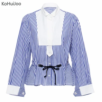 

KoHuiJoo Runway Shirt Women 2019 Fall Blue Striped Slim Drawstring Fashion Blouses Lady High Quality Tops Streewear Clothes