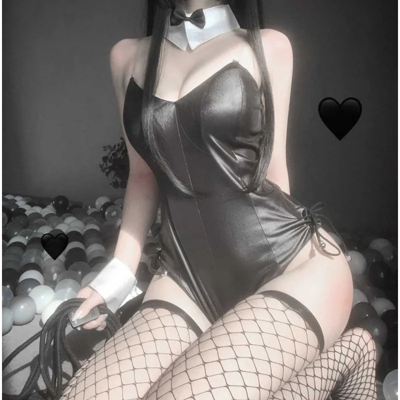 Sexy Costumes Women Lingerie Anime Provocative Low-cut Imitation Leather Black Sexy Bunny Girl Cosplay Uniform Temptation