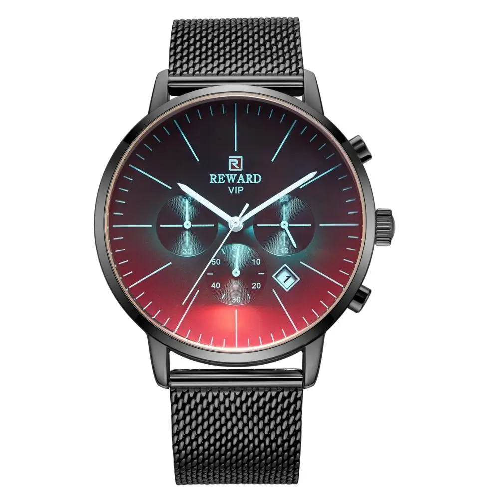 

REWARD Milan Mesh Belt Chromotropic Lens Sports Mens Watches Business Waterproof Quartz Watch Men Clock Relogio Masculino