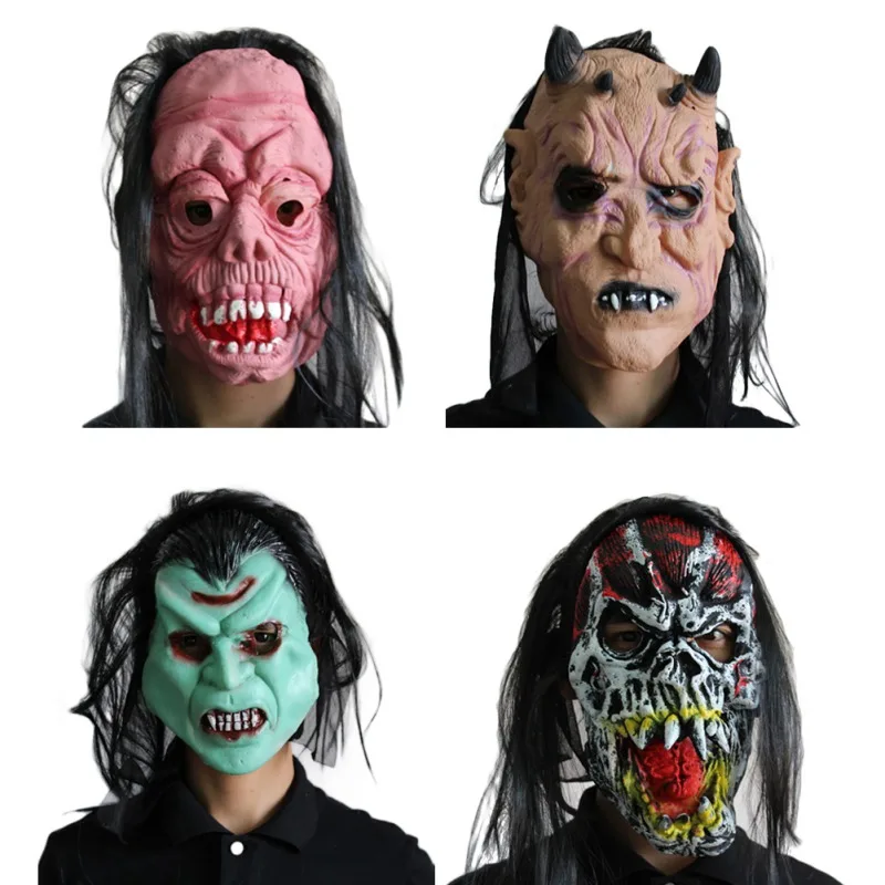 Creepy Latex Mask With Hair Halloween Horror For Adults And Teens Cosplay Party Decor Prank Props t | Дом и сад