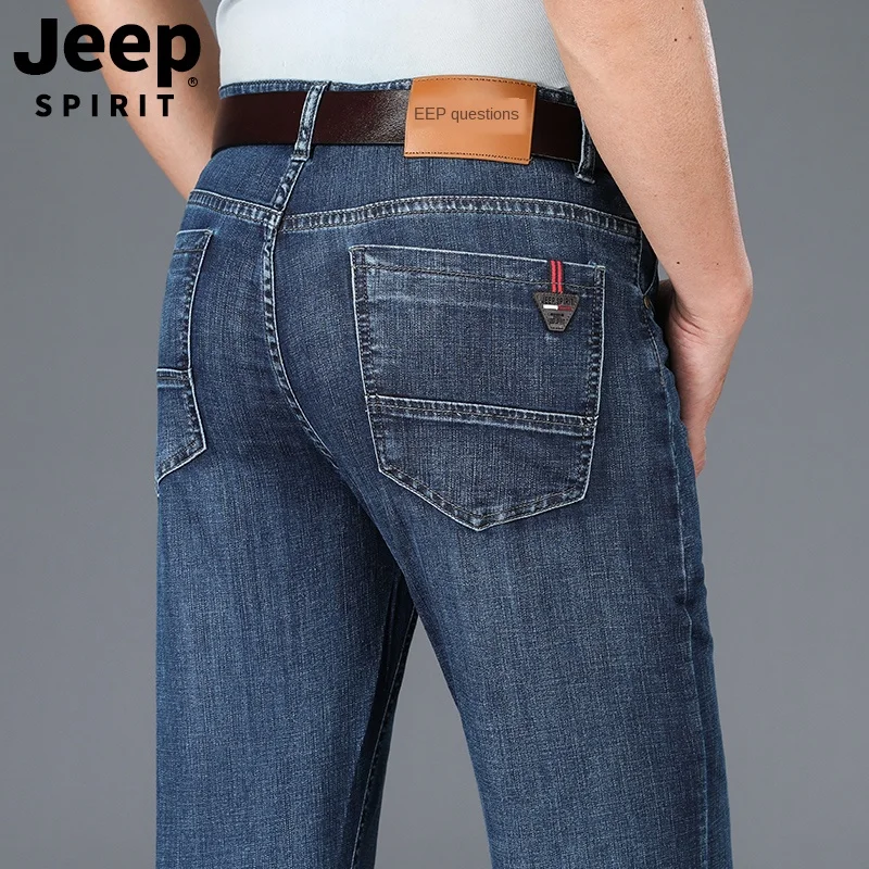 

Dad Jeans JEEPSPIRIT Loose Straight Business Casual Male Smart Full Length High Zipper Fly Elastic Thin Brand J377-1