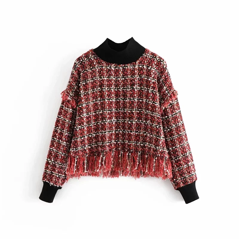 plaid Осенне-зимние свитера с длинным рукавом Женские винтажные клетчатые трикотажные женские свитера с воротником-стойкой женские пуловеры с молнией Топы - Цвет: plaid