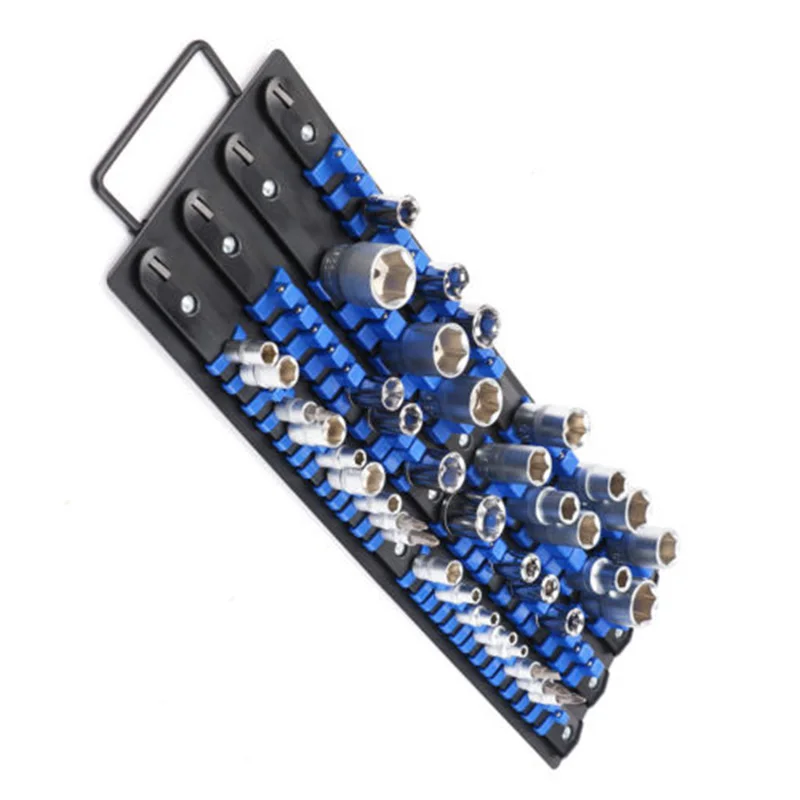 

Iron+plastic 80 Socket Organizer Storage Rail Rack Holder Industrial ABS Mountable 1/4 3/81/2 Black+Blue