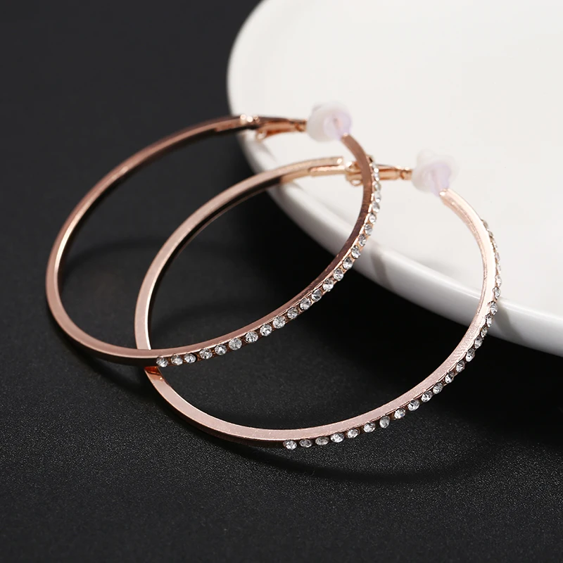 rose gold Модные большие серьги-клипсы, стразы, круглые серьги, без пирсинга, золотой, серебряный цвет, клипсы для ушей для женщин, вечерние - Окраска металла: rose gold