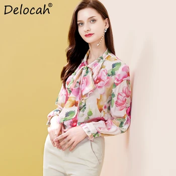

Delocah Spring Summer Fashion Designer Women Shirt Long Sleeve Simple Bow Floral Printed Vintage Style Blouses Silk Shirts