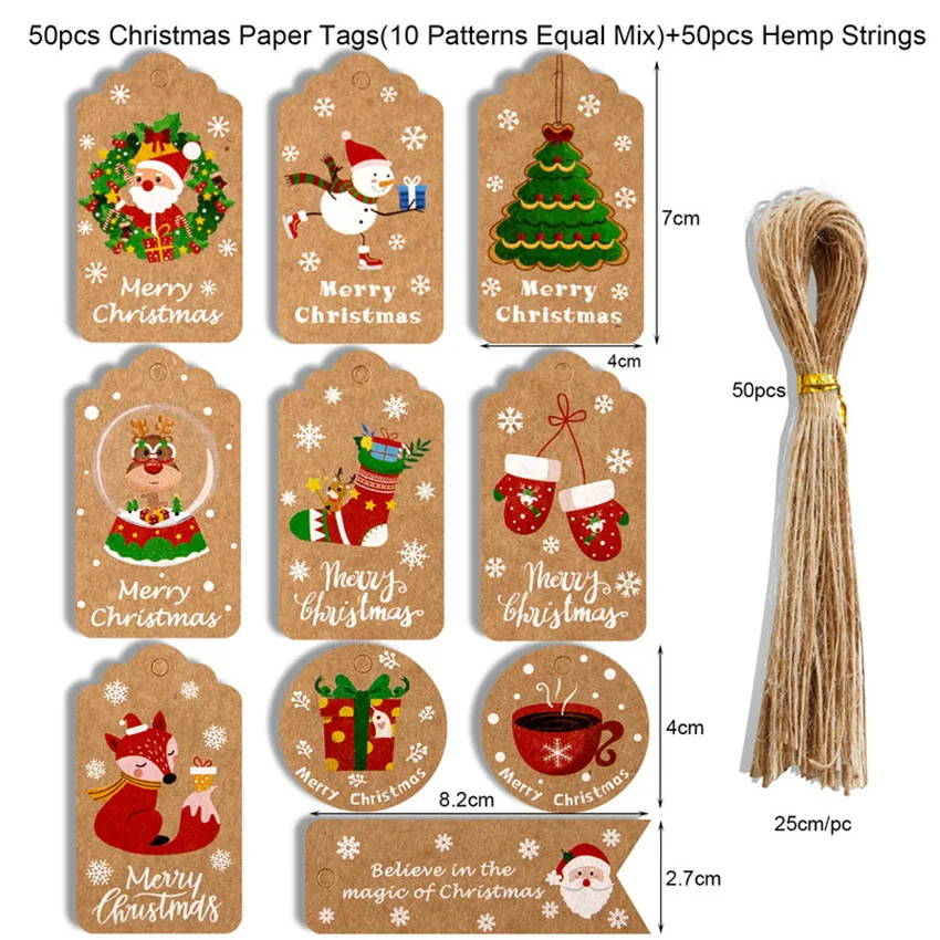 50Pcs Christmas Tags Decor Card Hang Label Xmas Tree Santa ...
