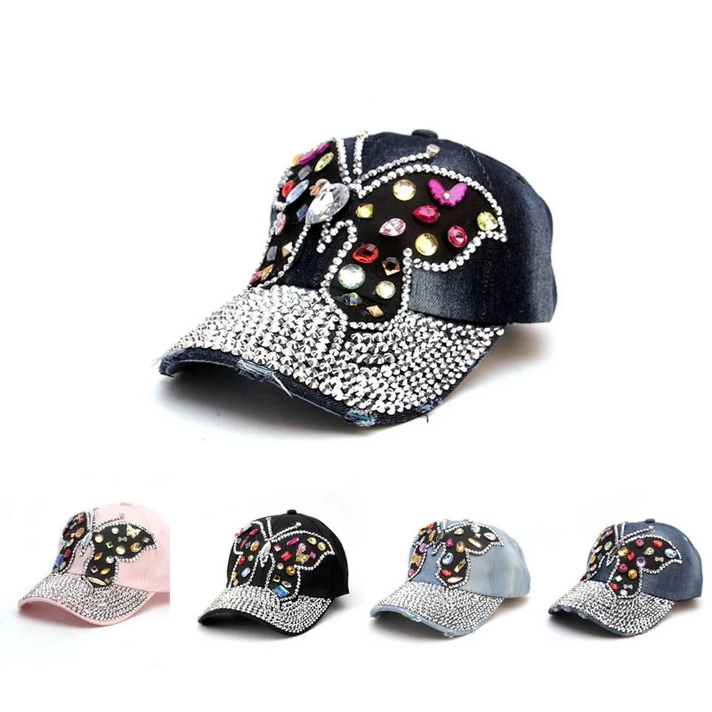 

Four Seasons Female Baseball Caps Trendy Style Cotton Diamond-Studded Butterfly Decoration Outdoor Street Fashion Women Hats
