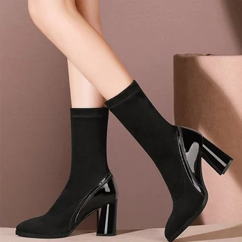 

New Autumn Women Stretch Cloth Ankle Boots Ladies Pointed Toe Square High Heels Female Short Boots Footwear Woman Shoes 2020