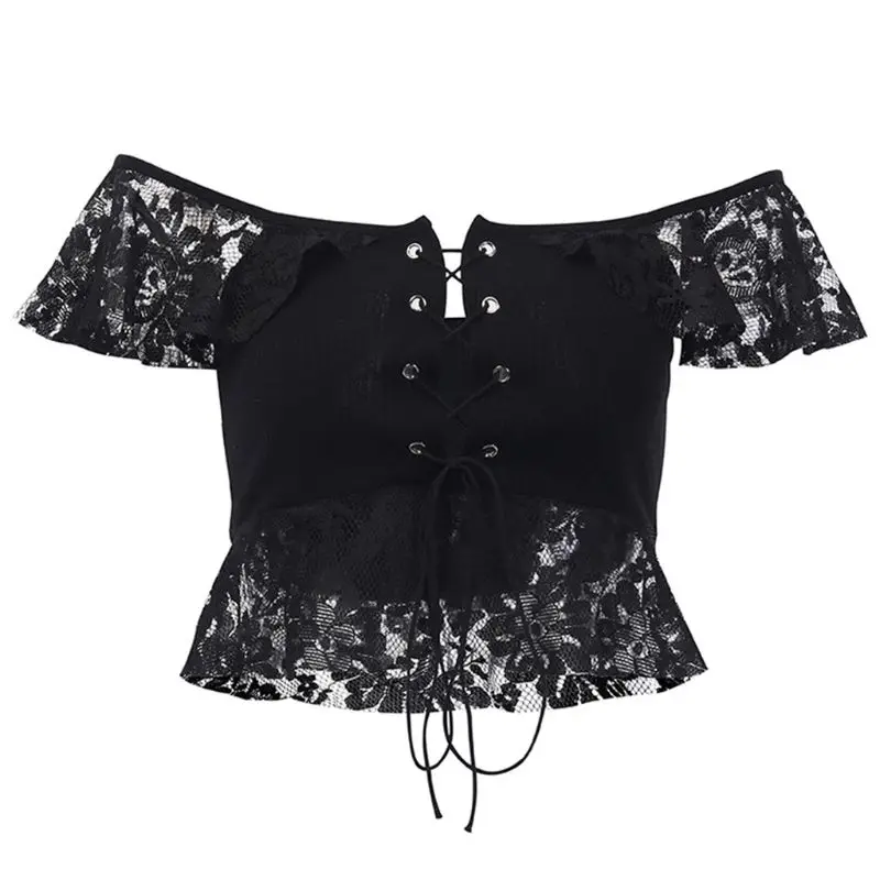 Women Vintage Punk Black Crop Top Sexy Off Shoulder Cross Bandage Shirt