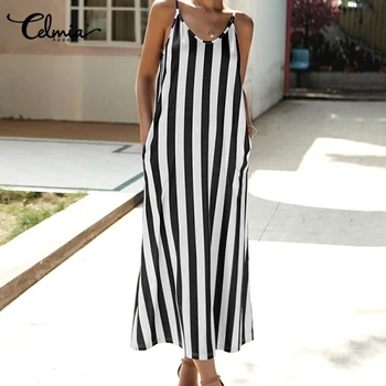 

2020 Celmia Women Beach Straps Long Dress Celmia Sleeveless Summer Sundress Bohemian Striped Casual Maxi Vestidos Plus Size Robe