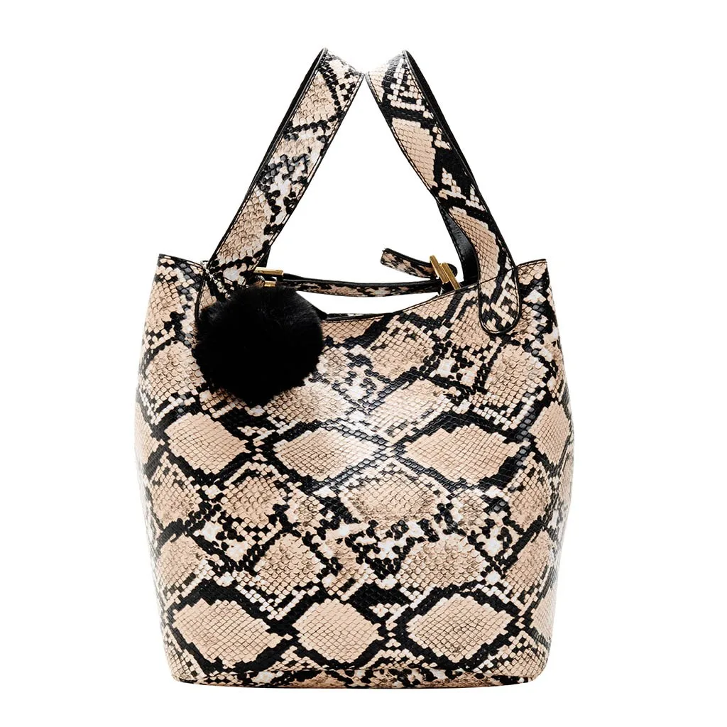 Сумка-тоут, модная женская сумка на застежке с змеиным принтом, хозяйственная сумка с помпонами, сумка для телефона, сумка через плечо - Цвет: Khaki