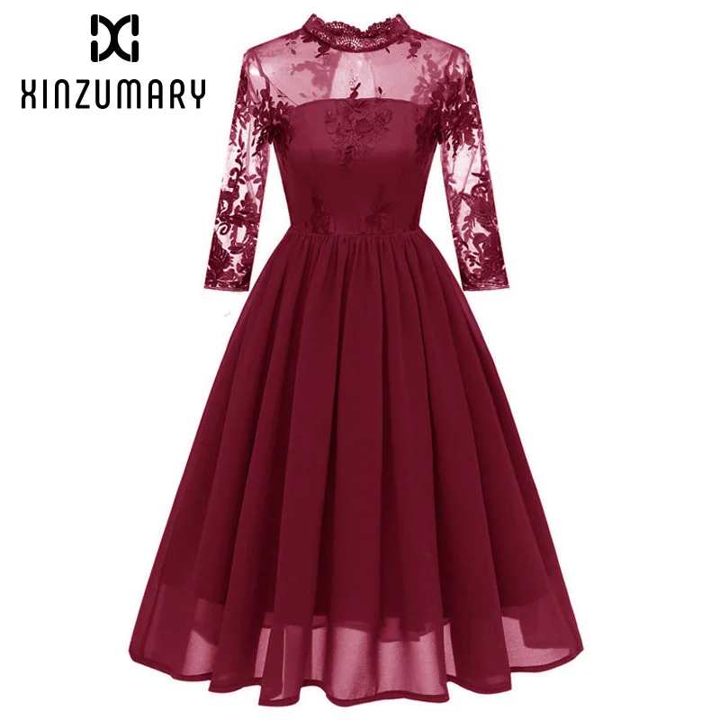 

Luxury dress women designer Openwork Embroidery Sevenpoint Sleeve Chiffon women Dress Spring and Summer Bridesmaid Party Dress