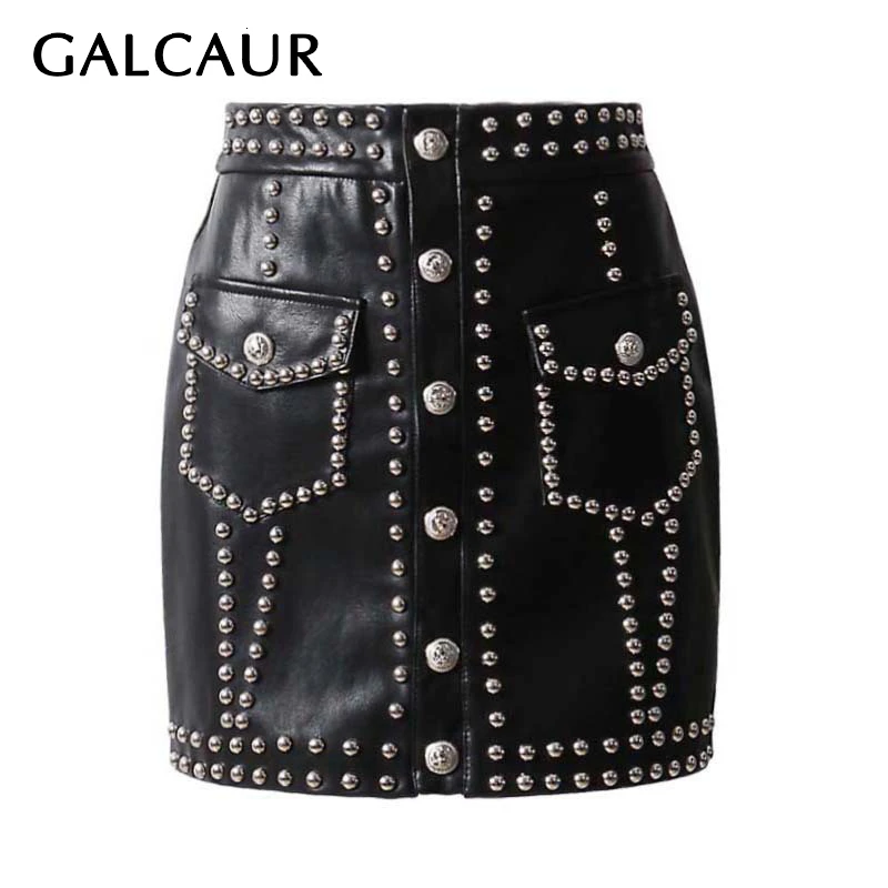 GALCAUR женские юбки из искусственной кожи с заклепками, высокая талия, однобортная Мини-Юбка Для Женщин, стиль панк, осень