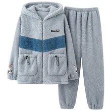 

Casual Hooded Pajama Sets Men Winter Thick Flannel Warm Pajamas for Men Cartoon Embroidery Zipper Men's Sets Trendyol Sleepwear