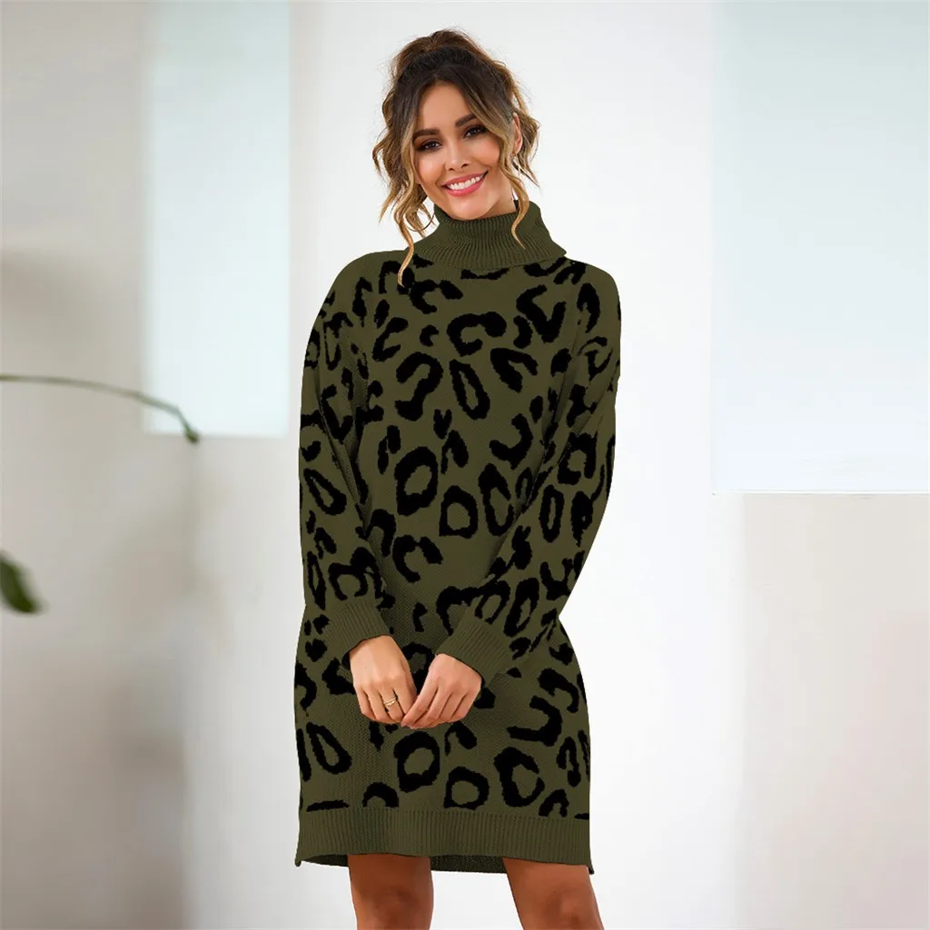 Стильный бар Для женщин вязаный свитер платье водолазка с леопардовым принтом, топы с длинными рукавами, новинка, мини-платье, пуловер, свитер, Осень-зима - Цвет: Green