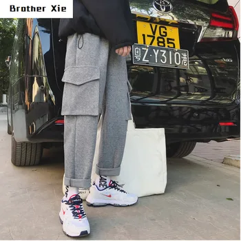 

Winter Thickening Material cargo Pants Solid Color Loose Straight Pants Large Pocket Gray sweatpants trousers men M-2XL