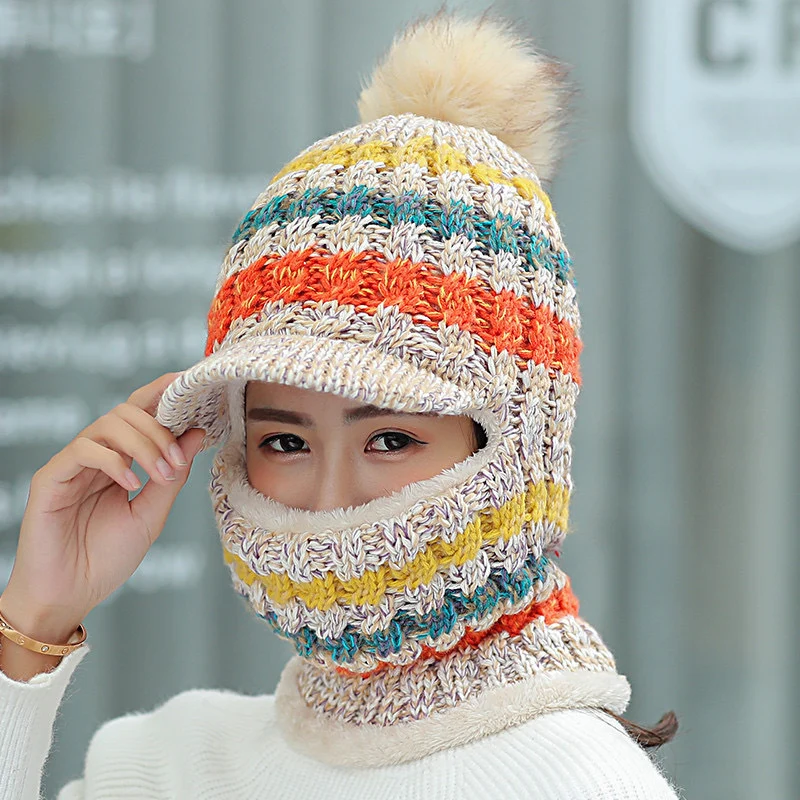 Зимние женские шапки с козырьком, смешанные цвета, вязанная шапка Skullies, женская шапка из плотного бархата с меховым помпоном, теплые шапки с капюшоном, нагрудник U1006 g