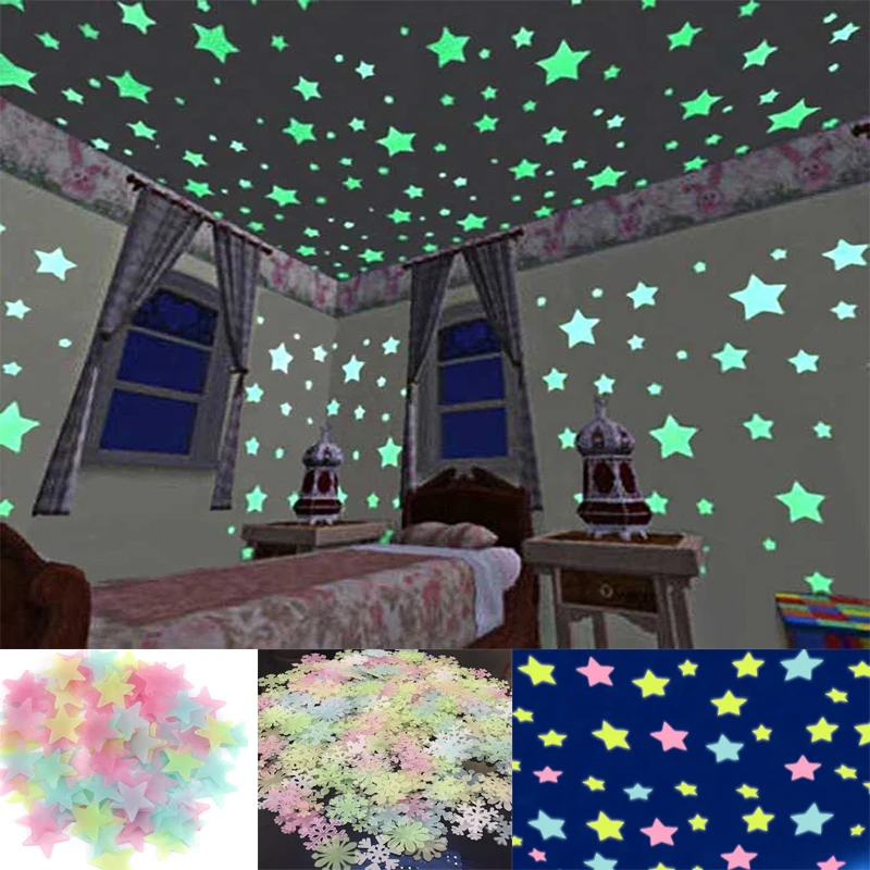 

100/50pcs 3D Stars Glowing Wall Stickers Kids Bedroom Fluorescent Glow Toys Luminous Star Stickers Bedroom Painting Luminous #