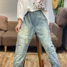 Джинсы весна новые женские Ретро Вышивка свободные большой размер шаровары женские старые патч ткань брюки