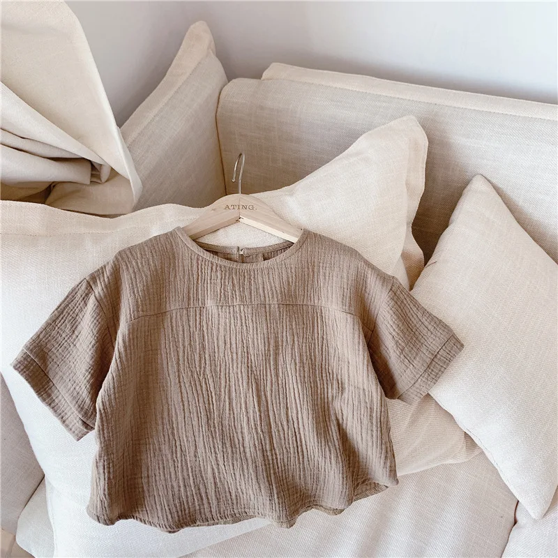 Летние однотонные свободные топы из хлопчатобумажной пряжи для девочек с