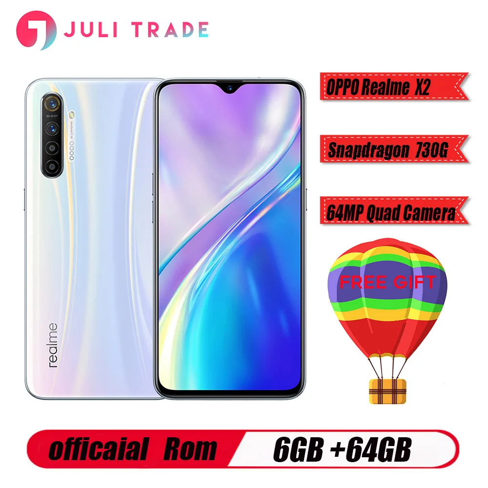 Мобильный телефон Oppo Realme X2, Snapdragon730G, 6,4 дюймов, супер AMOLED экран, 6 ГБ, 64 ГБ, камера, 64,0 МП, четыре кадра, NFC Смартфон