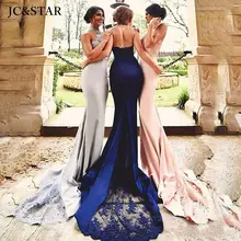 

bridesmaid dresses Mermaid vestido de festa de casamento High neck satin applique Backlessrobe demoiselle d honneur femme long