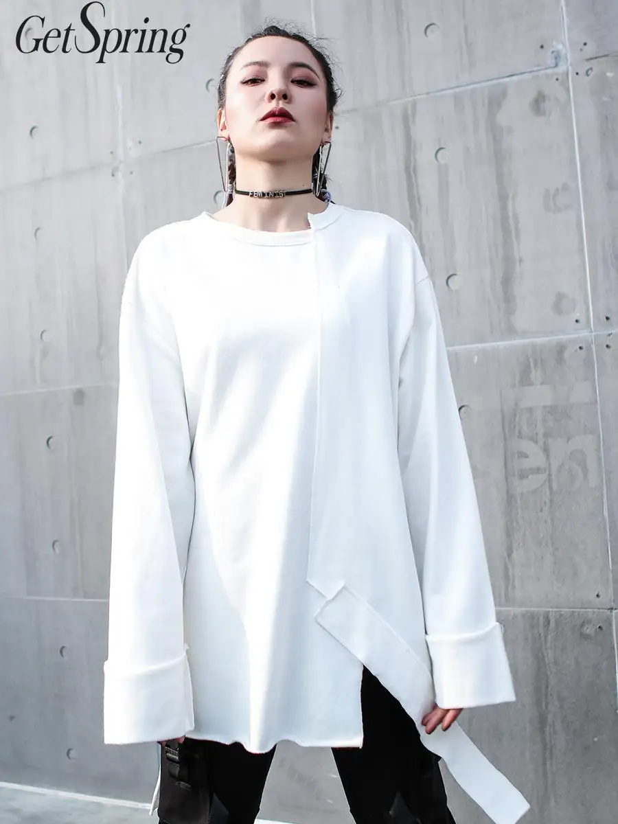 

GETSPRING Women Sweatshirt Patchwork Irregular O-Neck Sweatshirt Women Black White Asymmetry Long Streetwears Women 2019 Fashion