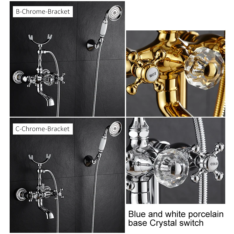 Luxury Crystal Handle Bathtub Gold Brass Faucet with Hand Shower Telephone Type Bath Faucets Sets Mixer Tap Wall Mounted EL8310G bathtub faucet