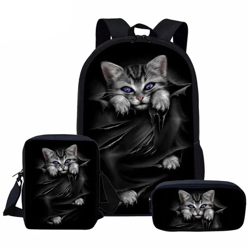 3 unids/set mochilas de escuela para niñas niños lindo gato negro 3D impresión niños ortopédicos niños Mochila estudiante libro bolsa Mochila